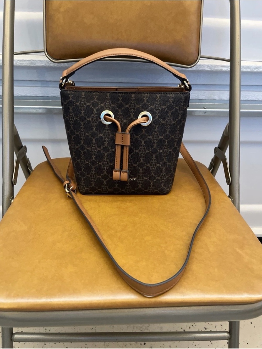 Nanette Lepore Designer Brown Monogram Bucket Bag with Tan Trim
